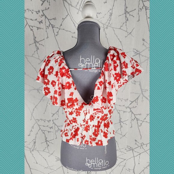 Zara White Red Floral Print Peplum Crop Top - Picture 4 of 5